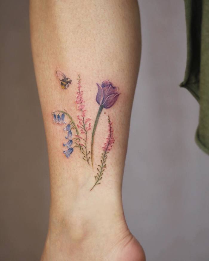 Bumble Bee and Wildflowers Tattoo by Cindy van Schie