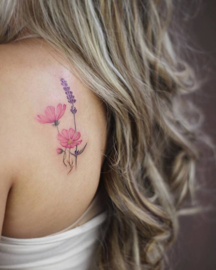 Cosmos Flowers and Lavender Tattoo by Cindy van Schie
