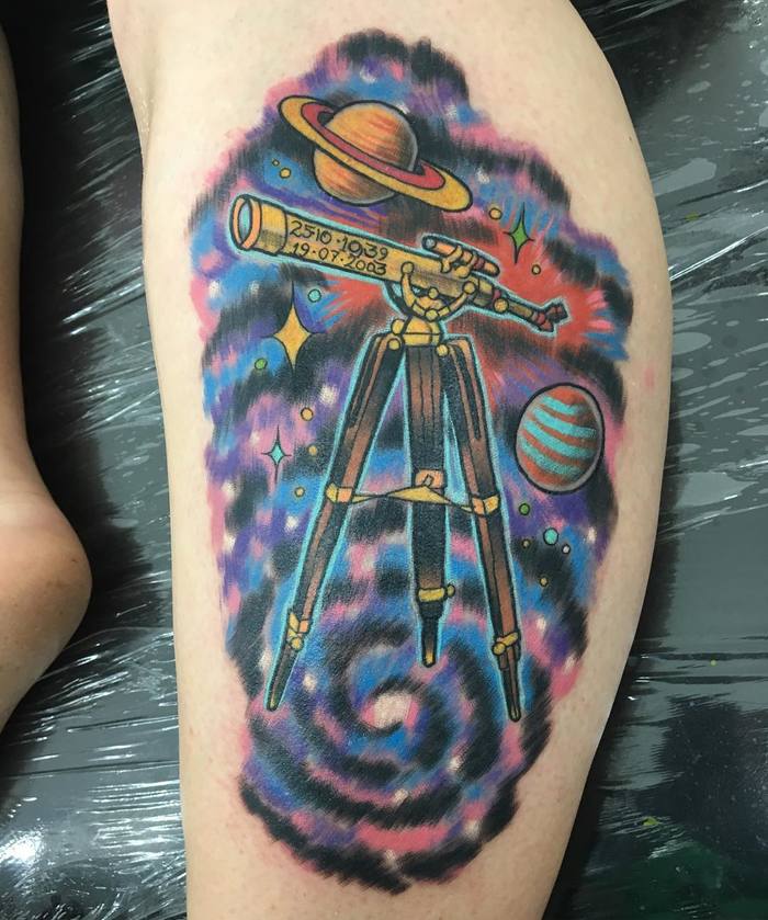 Traditional Telescope and Universe Tattoo by lindybtattoo