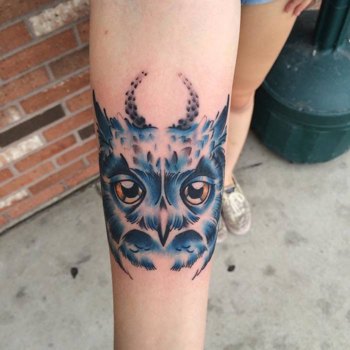 Blue Ink Owl Tattoo by Justthree Tatau