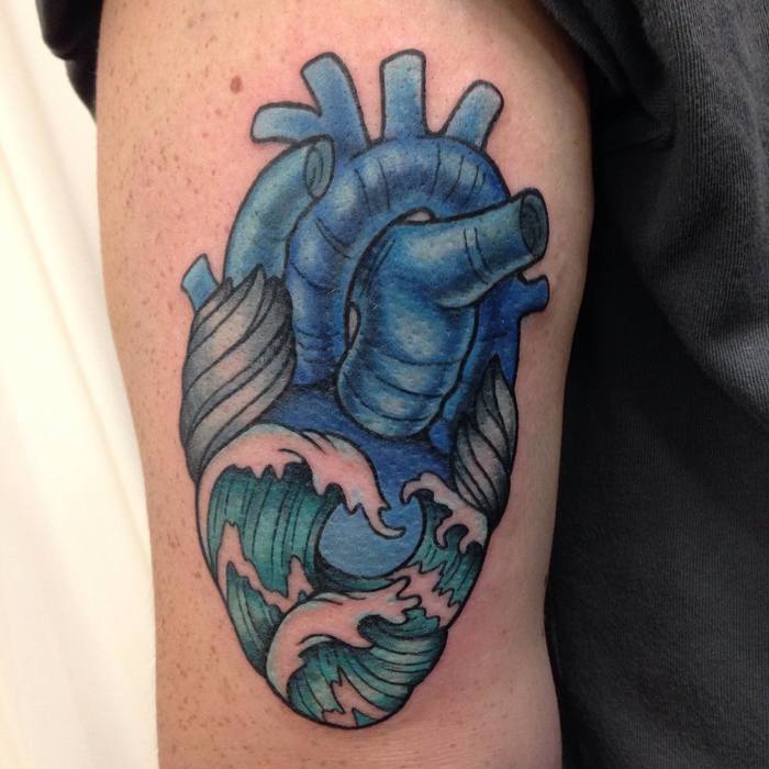 Blue Ink Heart and Waves Tattoo by Jordan Epperson
