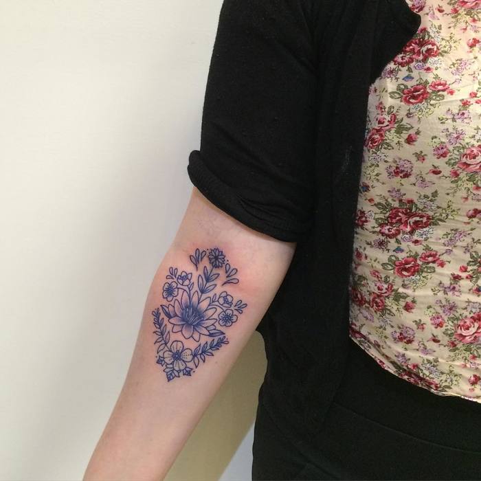 Blue Ink Floral Tattoo by juju.tattoos