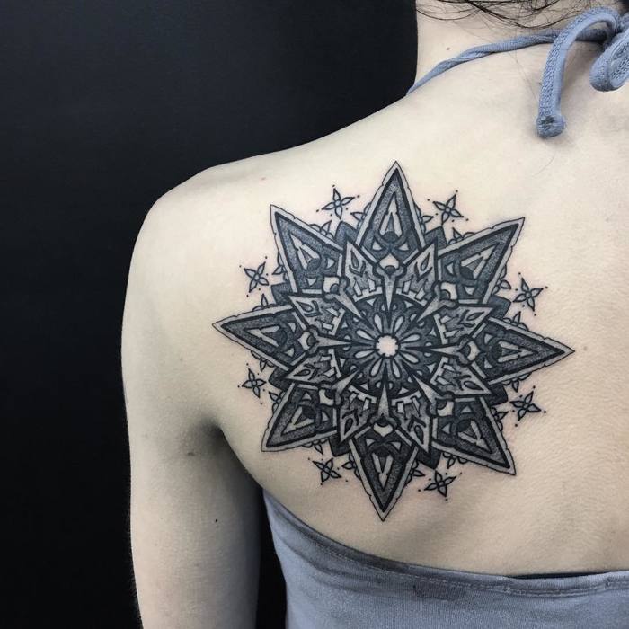 Back shoulder mandala tattoo by Eszter David