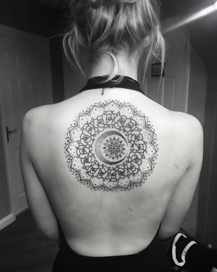 Mandala tattoo on back by Chris Bintt