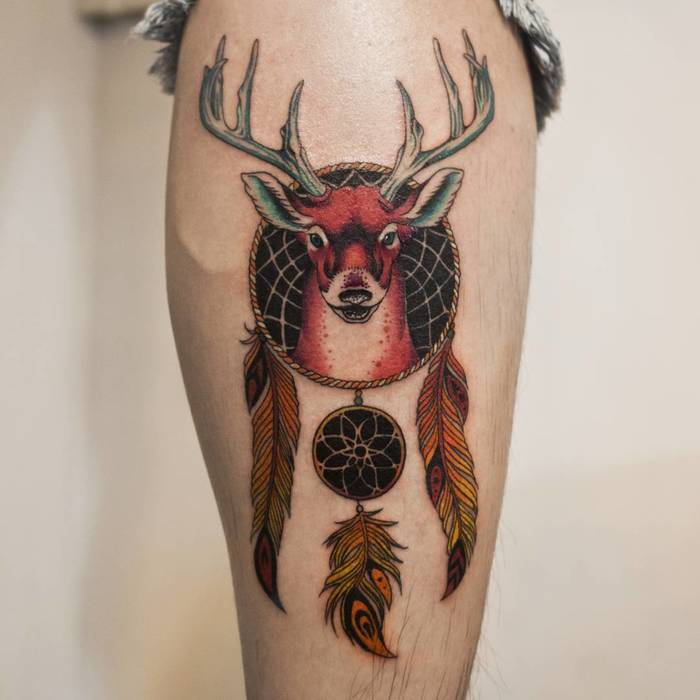 Dreamcatcher and Deer Tattoo by Luretattooer 