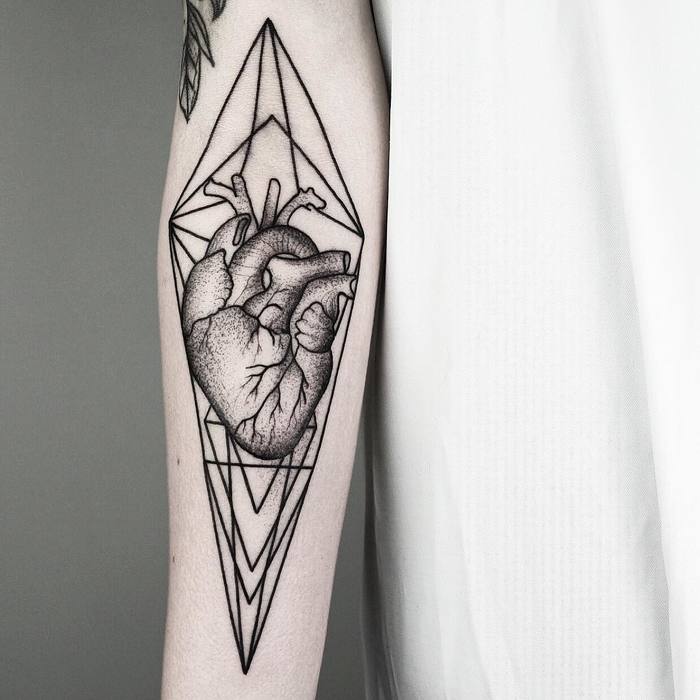 Anatomical Heart Tattoo with Geometric Elements by Malvina Maria