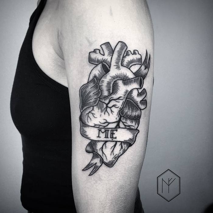 Traditional Black Ink Heart Tattoo by Henja Fin