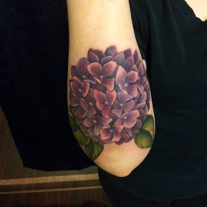 Dark Purple Hydrangea Tattoo by Christina DeMeglio