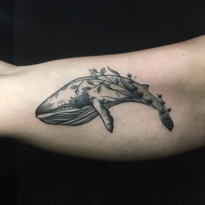 Dotwork Whale & Sea Flora Tattoo by Vlada Shevchenko