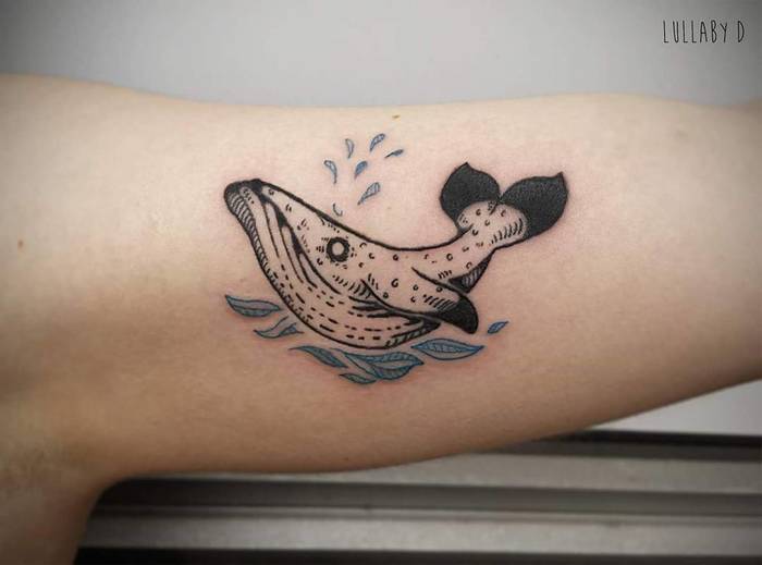 Cute Whale Tattoo on Inner Bicep by LullaBy D