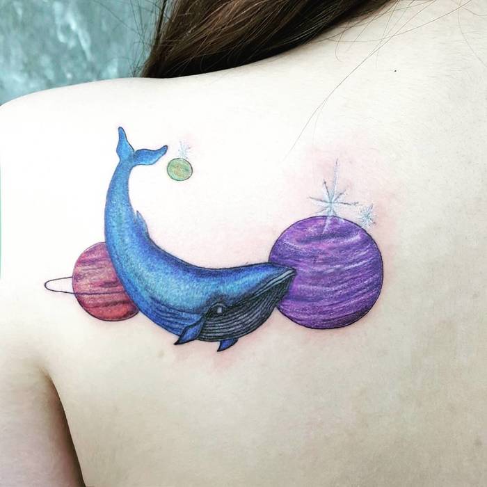 Blue Whale and Planets Tattoo by supermsa7
