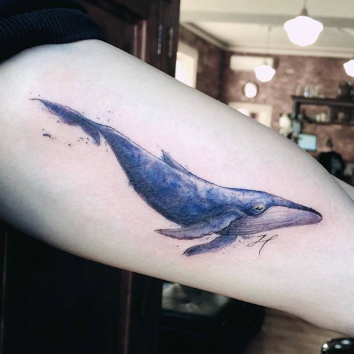 Watercolor Blue Whale Tattoo by Michelle Fitz-Gerald