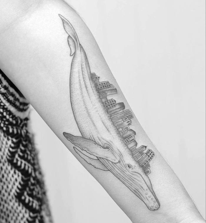 Fine Lines and Dots City Whale Tattoo by Minnie