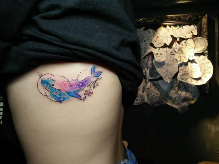 Watercolor Whale Tattoo on Ribcage by Phạm Nhi