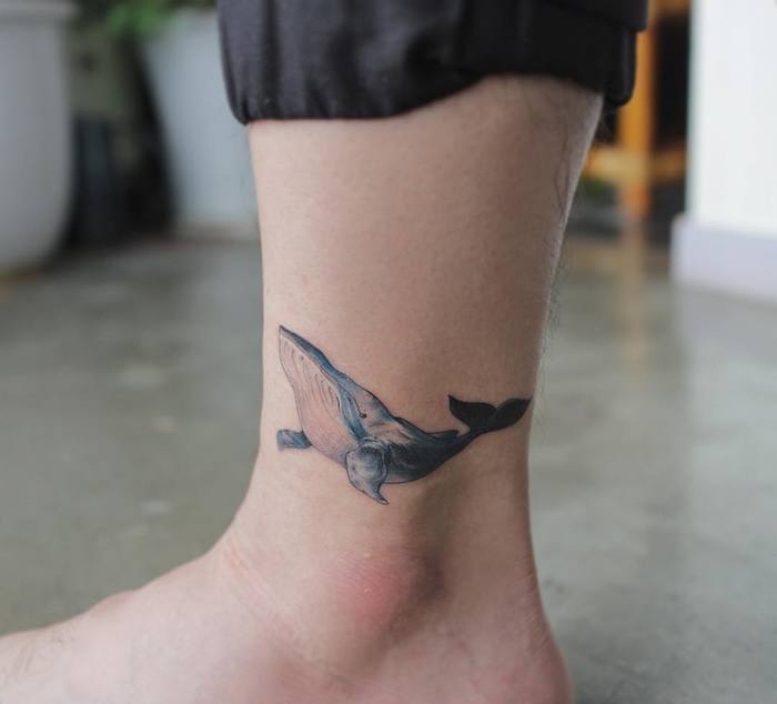 Beautiful Blue Whale Tattoo on Ankle by Octobersky Ta2