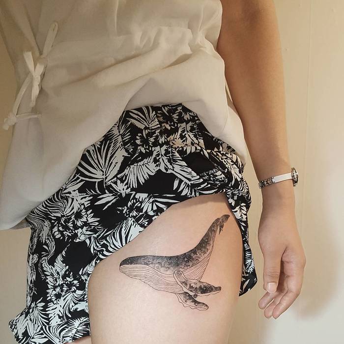 Whale Tattoo on Left Thigh by tattooist_ty