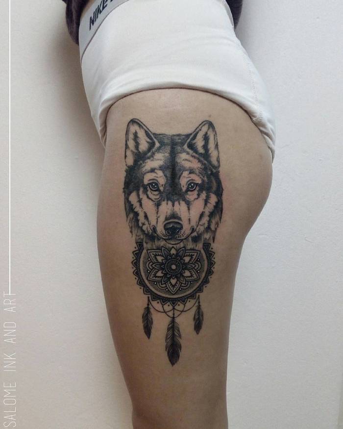 Wolf and Dreamcatcher Tattoo by Salome Trujillo