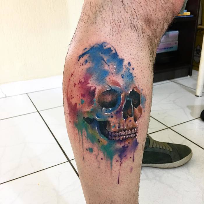 Watercolor Skull Tattoo by Brandon B. 