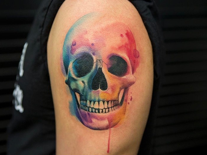 Watercolor Skull Tattoo by Joice Wang