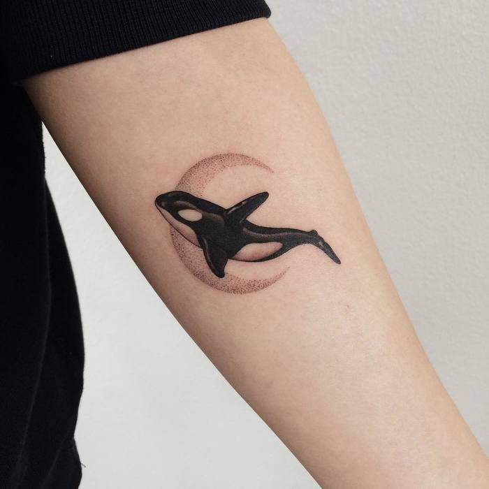 Killer Whale and Dotwork Crescent Moon by tattooist_doy