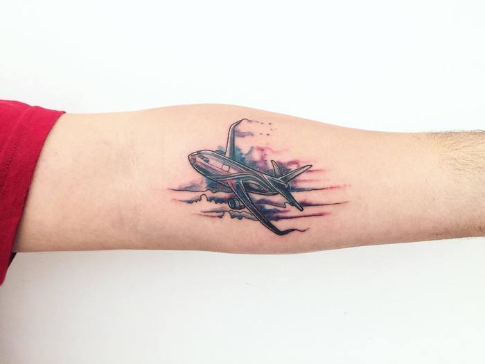 Watercolor Airplane Tattoo by pedronevestattoo