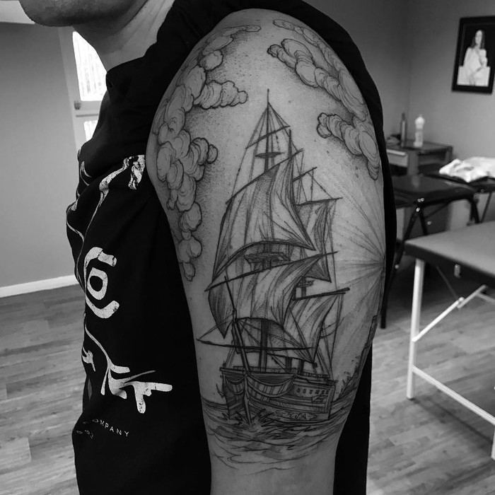 Sketch Style Ship Tattoo by ricardodamaiatattoo