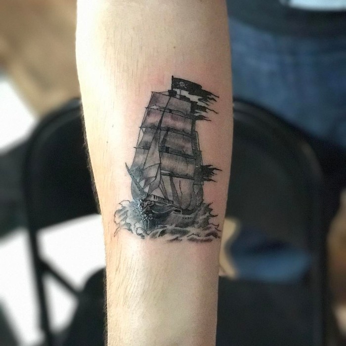 Black and Grey Pirate Ship Tattoo by plakaso_chops