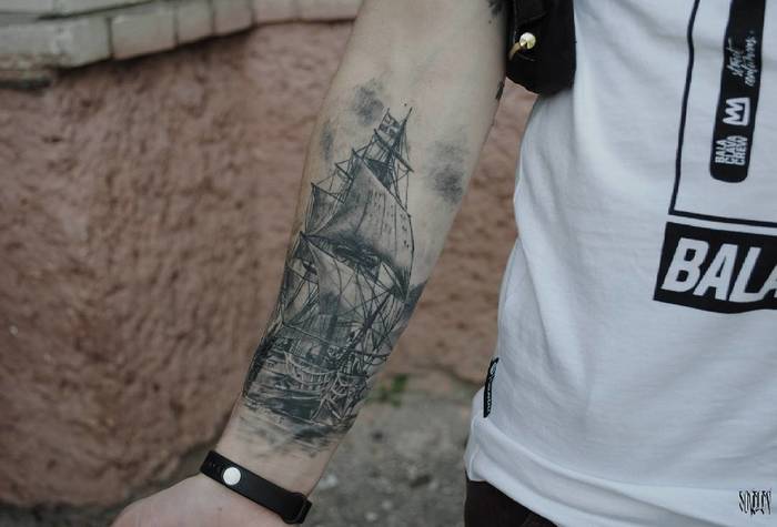 Black and Grey Sailing Ship Tattoo by savelev_stepan