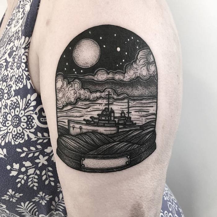 Blackwork WWII Ship Tattoo by merry_tattooer