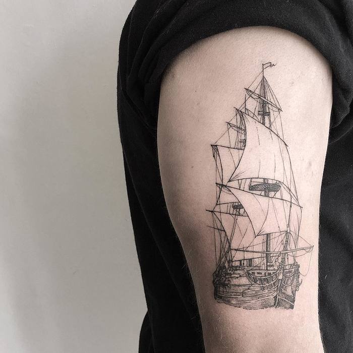 Fine Line Ship Tattoo by rodrigoroji