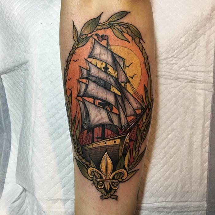 Neotraditional Ship Tattoo by swan_tattooer