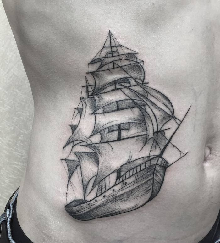 Black and Grey Sailing Ship Tattoo by yuyutattoo