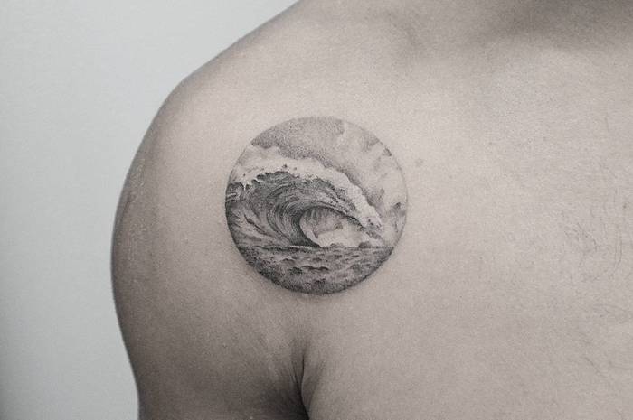 Fine Line Black and Grey Wave Tattoo by kanenavasard