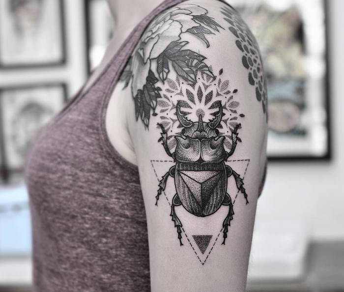 Scarab Beetle Tattoo by chrisjonestattooer