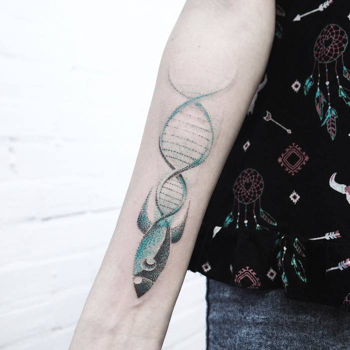 Dotwork Rocket and DNA Tattoo by evgenymel