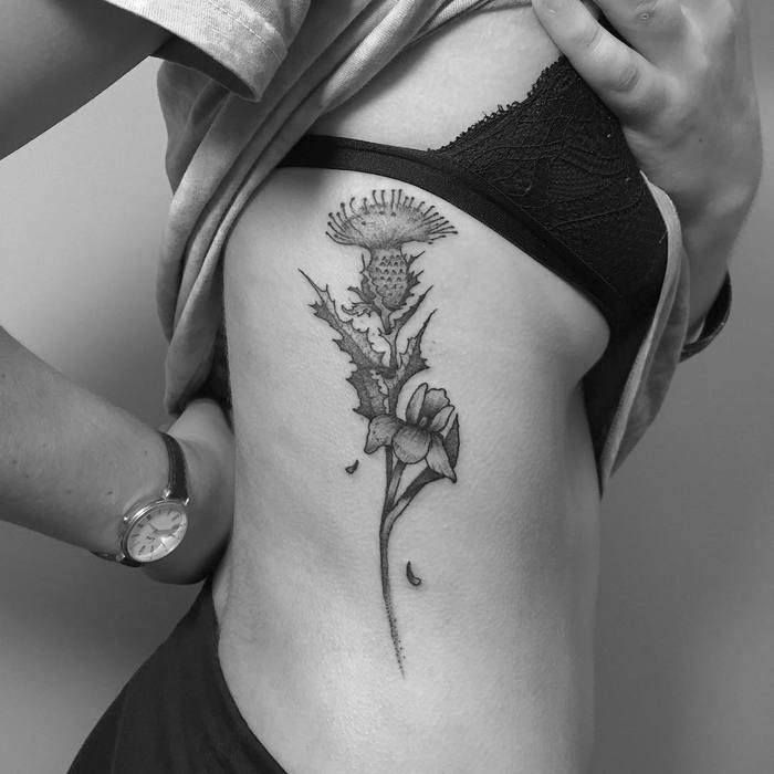 Thistle and Iris Tattoo by tomtomtatts