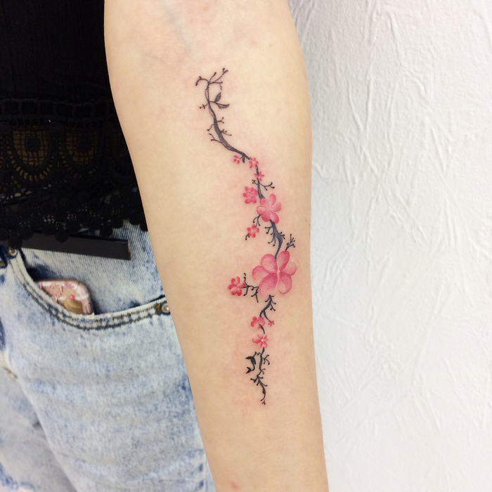 A Cherry Twig Tattoo on Forearm by victoriascarlet93