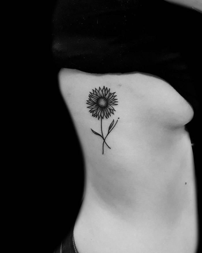 Blackwork Sunflower Tattoo on Side by katyavlis_tattoo