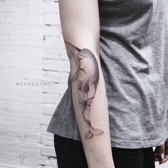 Dotwork Narwhal Tattoo by evgenymel