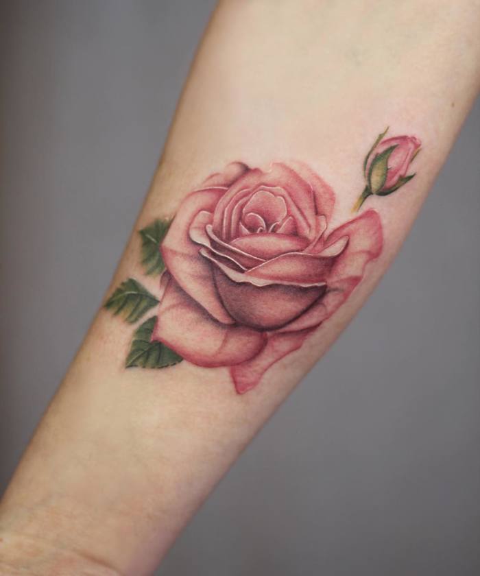 Elegant Pink Rose Tattoo by Cindy van Schie